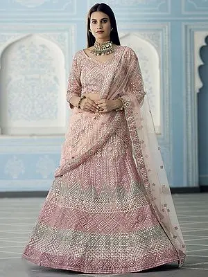 Peach Organza Chowkadi Motif Lehenga Choli with Heavy Thread-Foil, Mirror Embroidery and Soft Net Dupatta