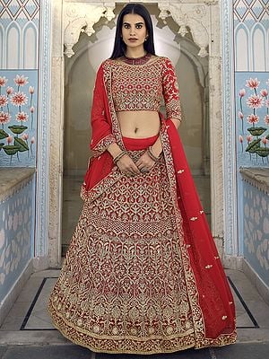 Red Georgette Bridal Mughal Motif Lehenga Choli with All-Over Beautiful Zari Work and Soft Net Dupatta
