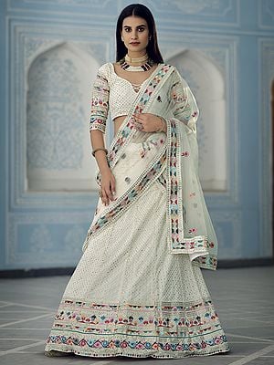 White Georgette Designer Lehenga Choli with Meena Thread-Sequins Work and Soft Net Dupatta