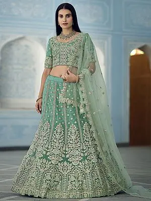 Turquiose Organza Mughal Kali Butta Lehenga Choli with Dori, Zari, Sequins, Zarkan Work and Soft Net Dupatta
