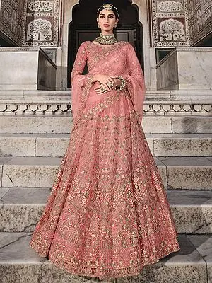 Peach Soft Net Chevron Pattern Lehenga Choli with Zari, Foil, Meena Thread Work and Designer Dupatta