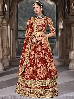 Red Organza Floral Digital Print Lehenga with Art Silk Chowkadi Pattern Choli and All-Over Dori, Zari, Sequins Work