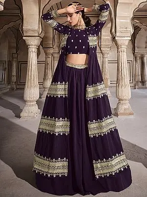 Wine Georgette Designer Lehenga Choli with Zari-Sequins Embroidery and Full Sleeve Long Jacket