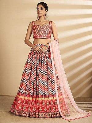 Coral-Pink Art Silk Printed Lehenga Choli with All Over Zig-Zag Foil Mirror Embroidery and Designer Dupatta