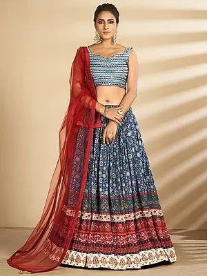 French-Blue Art Silk Printed Lehenga Choli with Off Shoulder Style Choli and Tassel Dupatta