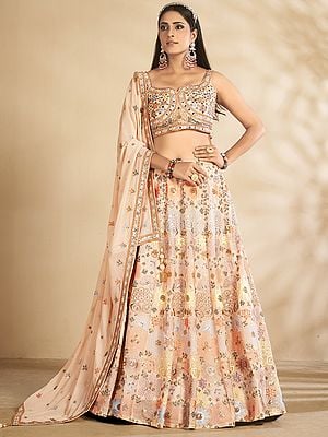 Peach Georgette Printed Lehenga Choli Beautiful Embellished Sequins Work And Designer Dupatta