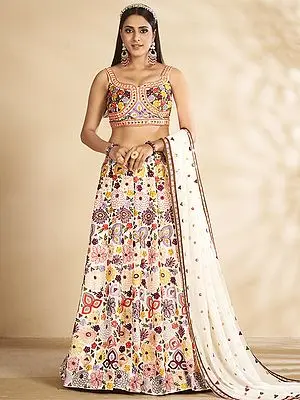 Ivory Georgette Floral Printed Lehenga Choli with Foil Mirror Work and Designer Dupatta