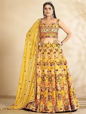 Marigold Georgette Floral Printed Lehenga Choli Off Shoulder Style Choli and Tassel Dupatta