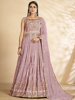 Lavender Georgette Designer Long Anarkali Gown with Embellished Sequins Work and Designer Dupatta