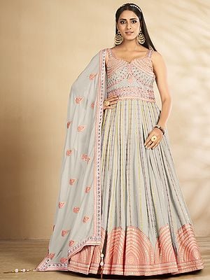 Coral and Gray Georgette Long Anarkali Style Gown with Beautiful Bail Design and Tassel Dupatta