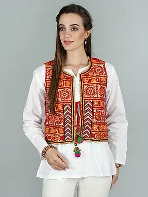 Urban-Red Waistcoat from Kutch with All-Over Floral Meena Gota Embroidery and Bead Work on The Edges