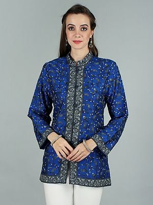 Princess-Blue Art Silk Short Jacket From Kashmir With Gray Aari-Embroidered Paisley Bail