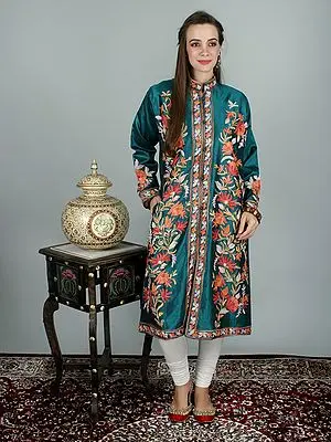 Pacific Art-Silk Long Jacket From Kashmir With Giant Aari-Embroidered Paisley and Flowers,