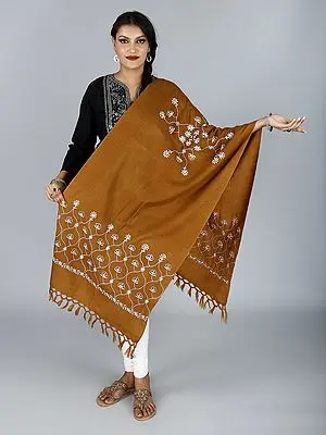 Handwoven Pure Wool Stole From Uttarakhand With Floral Embroidery And Tassels