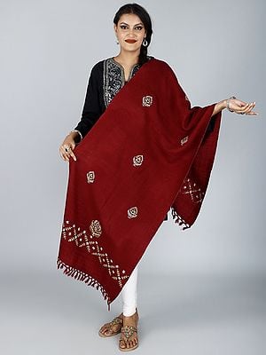 Handwoven Pure Wool Stole From Uttarakhand With Floral Embroidery And Tassels