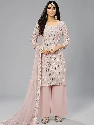 Baby-Pink Georgette Soft Net Thread-Foil-Mirror Embroidered Kurta Suit with Palazzo Pants and Soft Net Dupatta