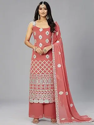 Orange Georgette Desinger Long Palazzo Suit With Thread-Foil Mirror Embroidery And Dupatta