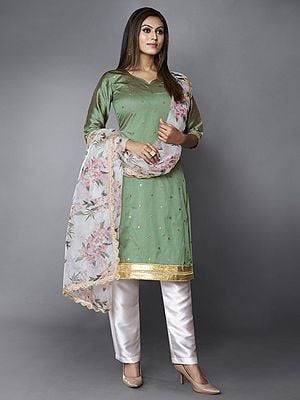 Olive-Green Art Silk Bundi Sequins Work Kurta with Straight Pant and Organza Floral Digital Printed Dupatta