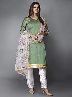Olive-Green Art Silk Bundi Sequins Work Kurta with Straight Pant and Organza Floral Digital Printed Dupatta