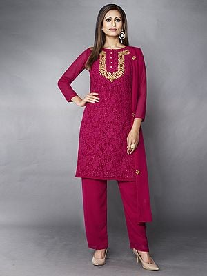 Pink Georgette Straight Cut Pant Suit With Mango-Bail Motif Thread, Zari, Sequins Work And Dupatta