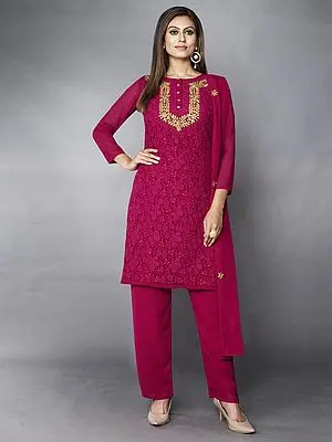 Pink Georgette Straight Cut Pant Suit With Mango-Bail Motif Thread, Zari, Sequins Work And Dupatta