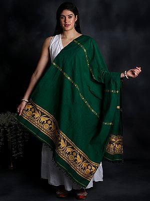 Verdant-Green Cotton Shawl With Woven Elephant Pattern From Gujarat