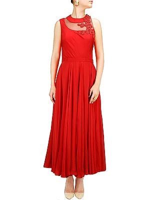 Red Georgette Designer Gown with Beads Handwork and Net Detailing in The Back – Neck