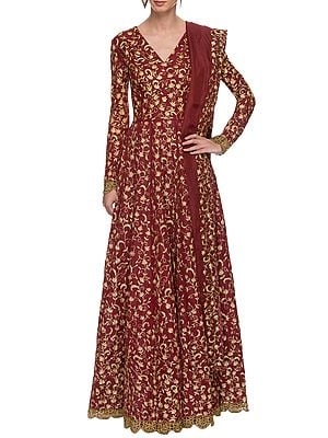 Art Silk V-Neck Anarkali Dress With All-Over Dori-Sequins Vine Motif And Soft Net Dupatta