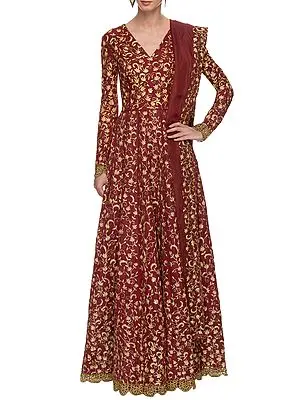 Art Silk V-Neck Anarkali Dress with All-Over Dori-Sequins Vine Motif and Soft Net Dupatta