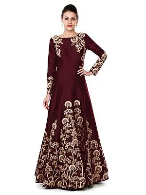 Maroon Tafetta Silk Full Sleeve Dandelion Bail Butta Gown With Beautiful  Zari, Sequins And Dori Embroidery