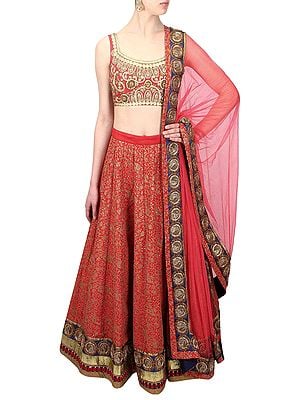 Red Art Silk Floral Nail Pattern Thread-Sequins Embroidered Lehenga Choli with Soft Net Dupatta