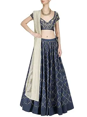 Blue Art Silk Lehenga Choli with Golden Zari, Sequins Embroidery and Soft Net Dupatta
