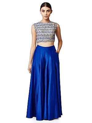 Blue Art Silk A-Line Palazzo Pant with Thread Embroidered Sleeveless Choli and Back Cutout Design