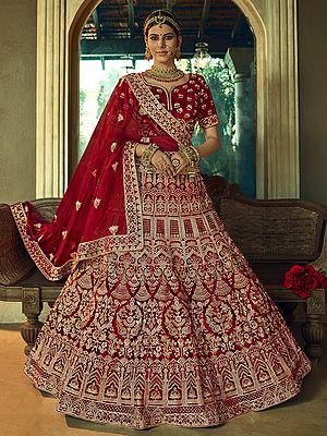 Brick-Red Velvet Bridal Lehenga Choli With Zari Dori Embroidery And Lace Sheer Dupatta