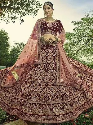 Maroon Velvet Bridal Lehenga Choli with Heavy Zari Topaz Crystals Design and Designer Dupatta