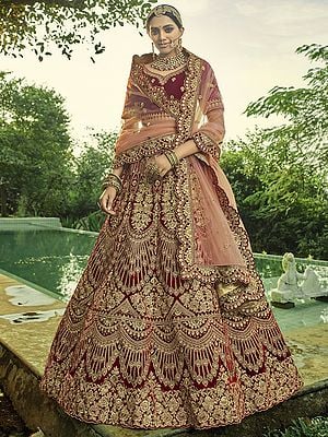 Oxblood-Red Velvet Lehenga Choli With All Over Peacock Feather Design Embroidery and Sequins with Beautiful Dupatta