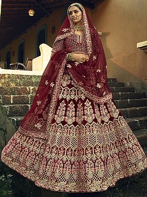 Bright-maroon velvet Silk Bridal Lehenga Choli with Embellished Work and Designer Dupatta