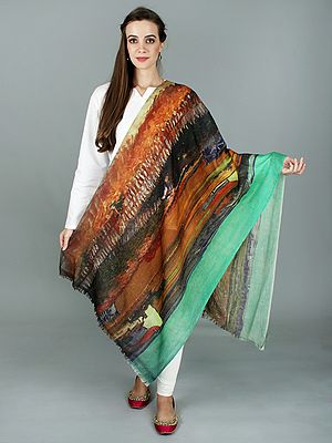 Digital Printed Multicolor Stole Depicting Countryside Meadow