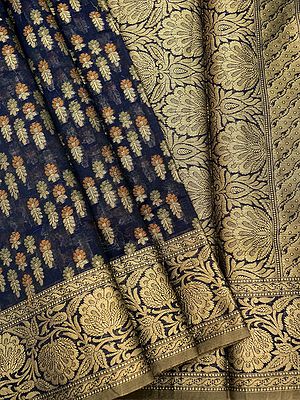 Banarasi Cotton Saree With Floral Buta Pattern On The Body And Bail Motif On The Border