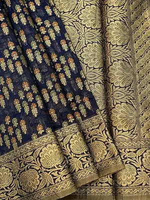 Banarasi Cotton Saree with Floral Buta Pattern on Body and Bail Motif on Border
