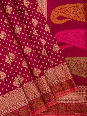 Banarasi Cotton Brocaded Floral Butta Saree With Bold Paisley Motif On Pallu