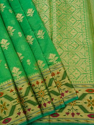 Cotton Banarasi Saree With Zari Floral Butta On The Body And Meena Bail Pattern Border