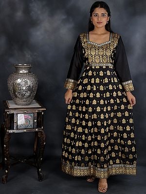Black-Beauty Pure Silk Anarkali Dress with Resham Floral-Geometric Brocade Pattern