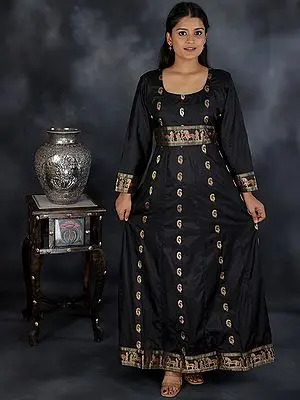 Caviar-Black Anarkali Dress With Zari Meena Brocade Peacock And Scene From Ramayana