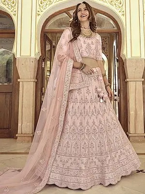 Rose-Pink Crepe Lehenga Choli with Zari Dori Embroidery and Lace Sheer Dupatta