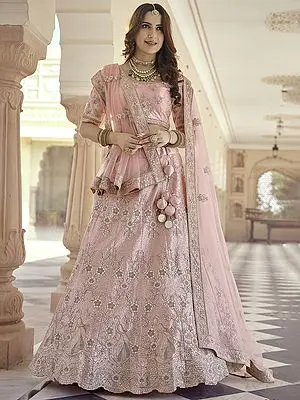 Baby-Pink Crepe Lehenga Choli With Peacock Design Embroidery And Sheer Dupatta