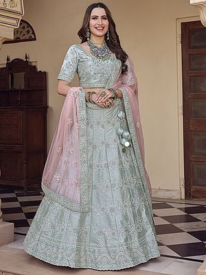 Steel-Gray Crepe Lehenga Choli With All Over Embroidered Floral Sequins And Beautiful Dupatta