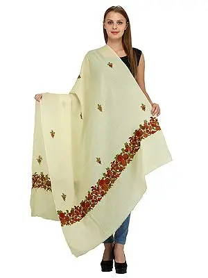 Antique-White Pure Wool Shawl from Amritsar with Multicolor Handmade Floral Aari-Embroidered Motif