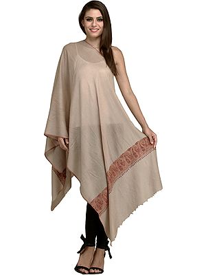 Irish-Cream Plain Wool Sozni Stole with Paisley-Floral Embroidery on Border From Kashmir