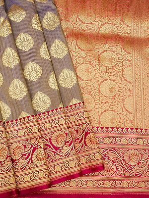 Banarasi Art Silk Saree With Floral Motif Jaal Pattern Weave And Bail Butta